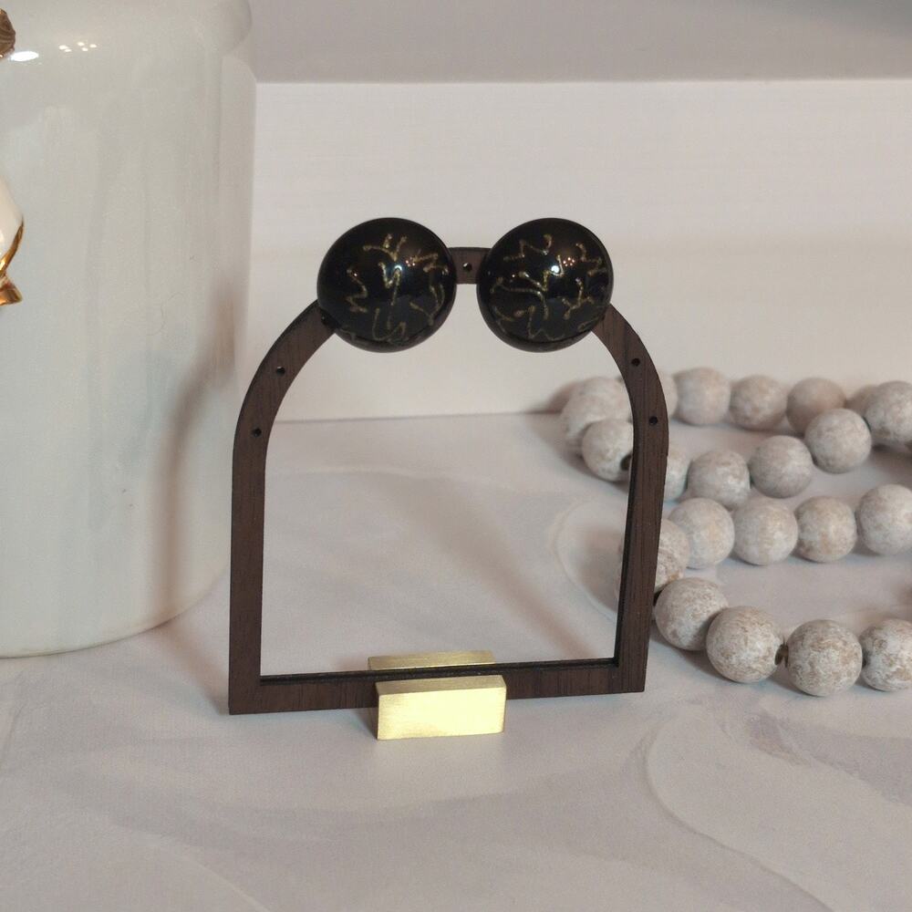 Stylish Vintage 1980s Black & Metallic Gold Abstract Cabochon Button Earrings